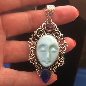 Handmade 925 Stamped Turquoise Carved Goddess Face Lapis Lazuli Necklace.